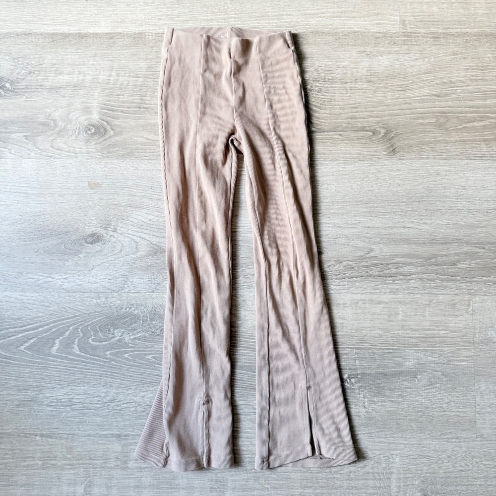 Zara Girls Ribbed Flare Leggings Tan Beige Slit Hem Pants Size 7 122cm